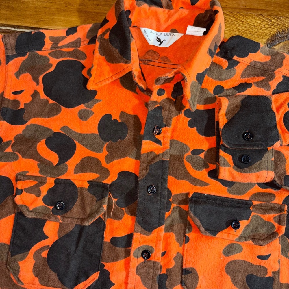 Vtg Black Duck Hunting Shirt Mens Large Orange Camo Chamois Button Flannel USA